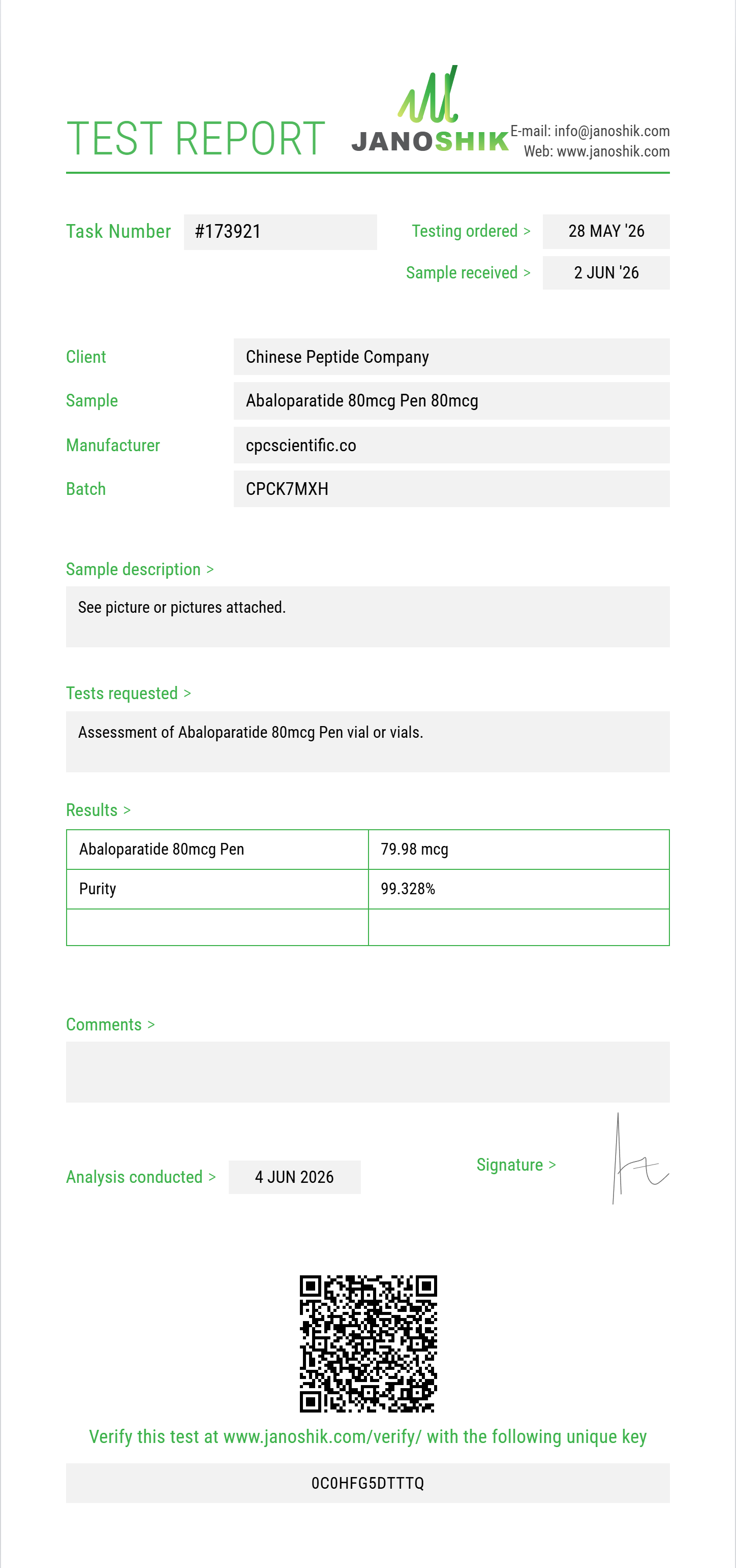 Abaloparatide Purity (HPLC) report by Janoshik Analytical