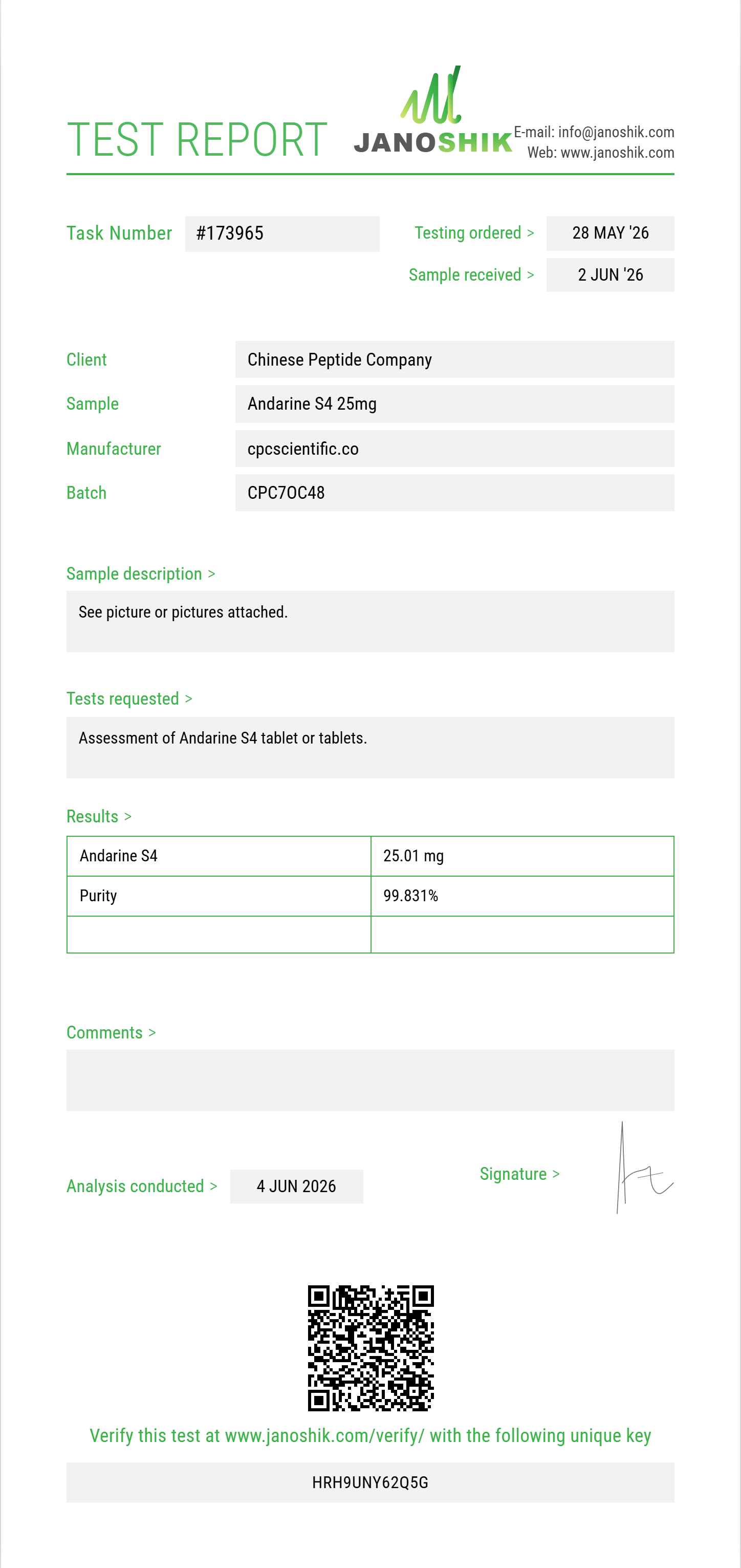 Andarine S4 Purity (HPLC) report by Janoshik Analytical