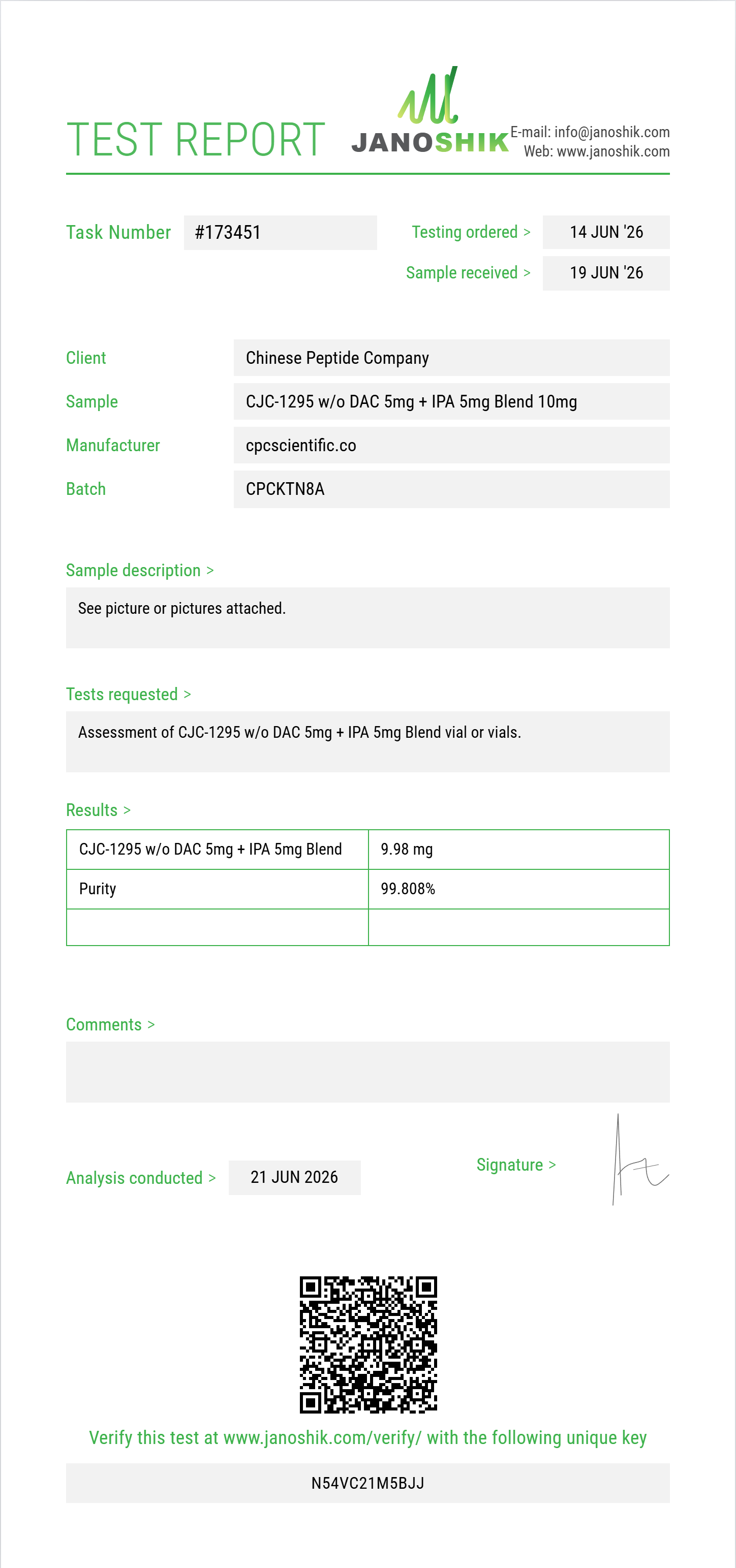 CJC-1295 w/o DAC 5mg + IPA 5mg Blend Purity (HPLC) report by Janoshik Analytical
