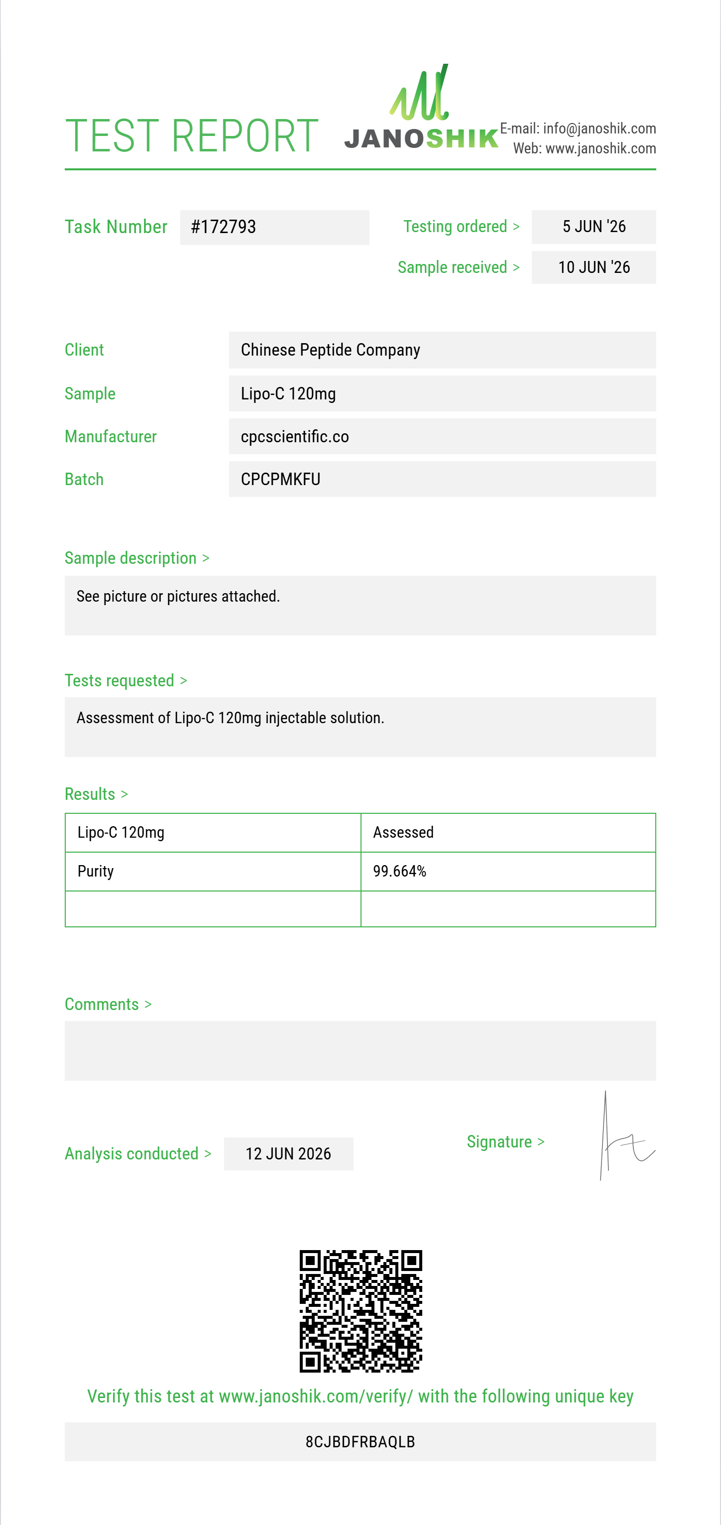 Lipo-C 120mg Purity (HPLC) report by Janoshik Analytical
