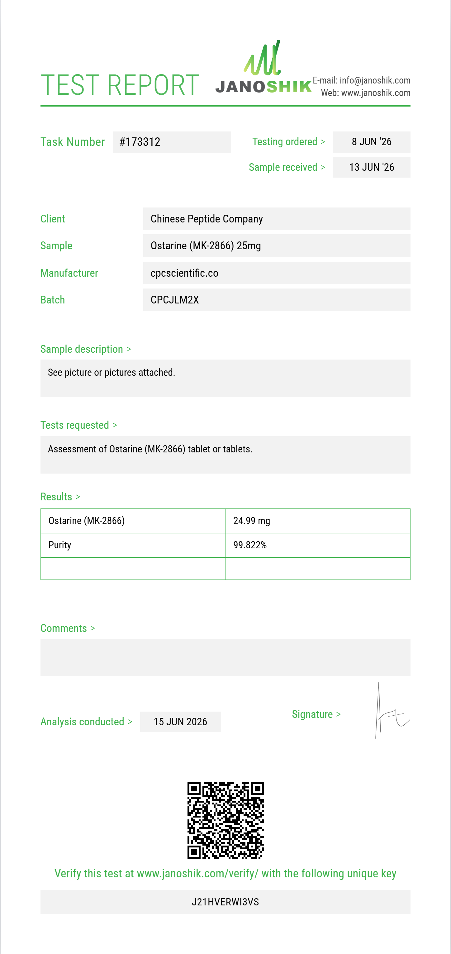 Ostarine (MK-2866) Purity (HPLC) report by Janoshik Analytical