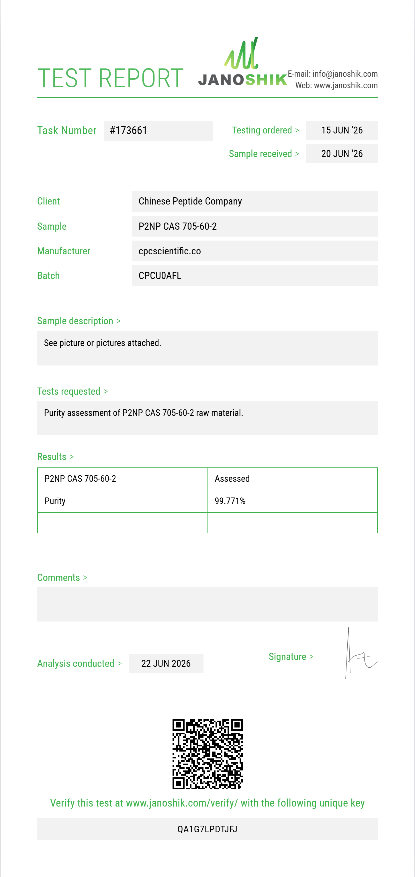 P2NP (1-phenyl-2-nitropropene) CAS 705-60-2 Purity (HPLC) report by Janoshik Analytical