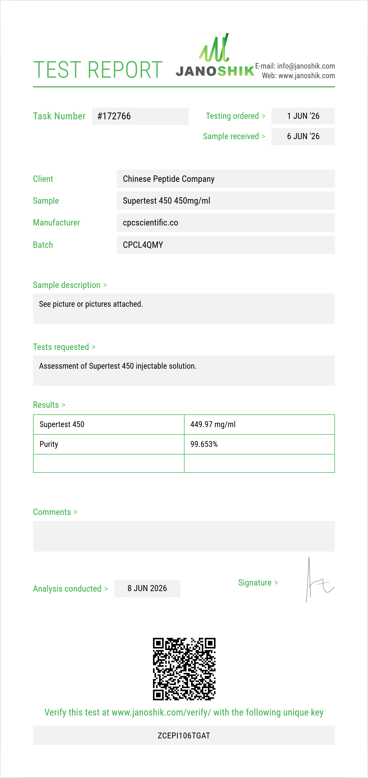 Supertest 450 Purity (HPLC) report by Janoshik Analytical