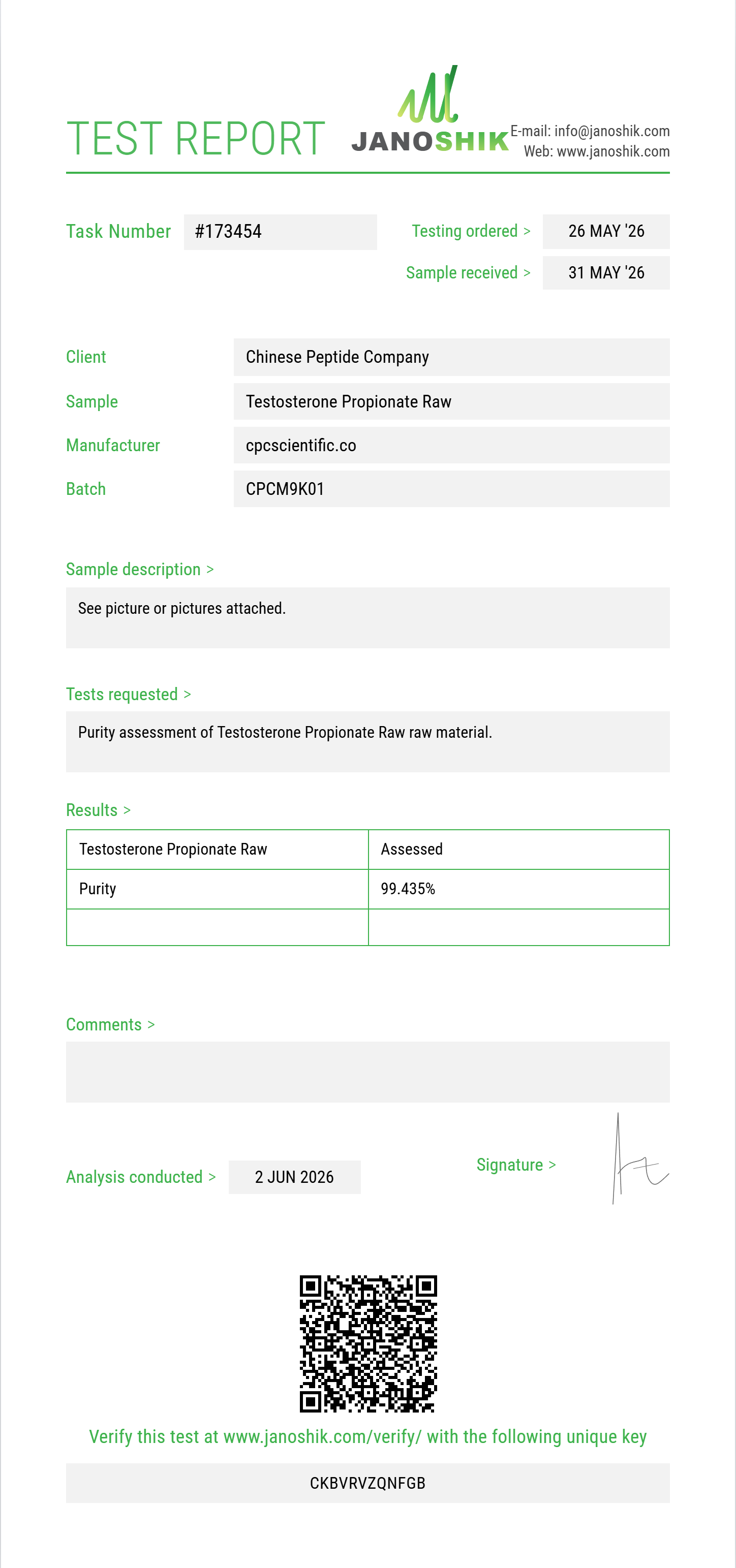 Testosterone Propionate Raw Purity (HPLC) report by Janoshik Analytical