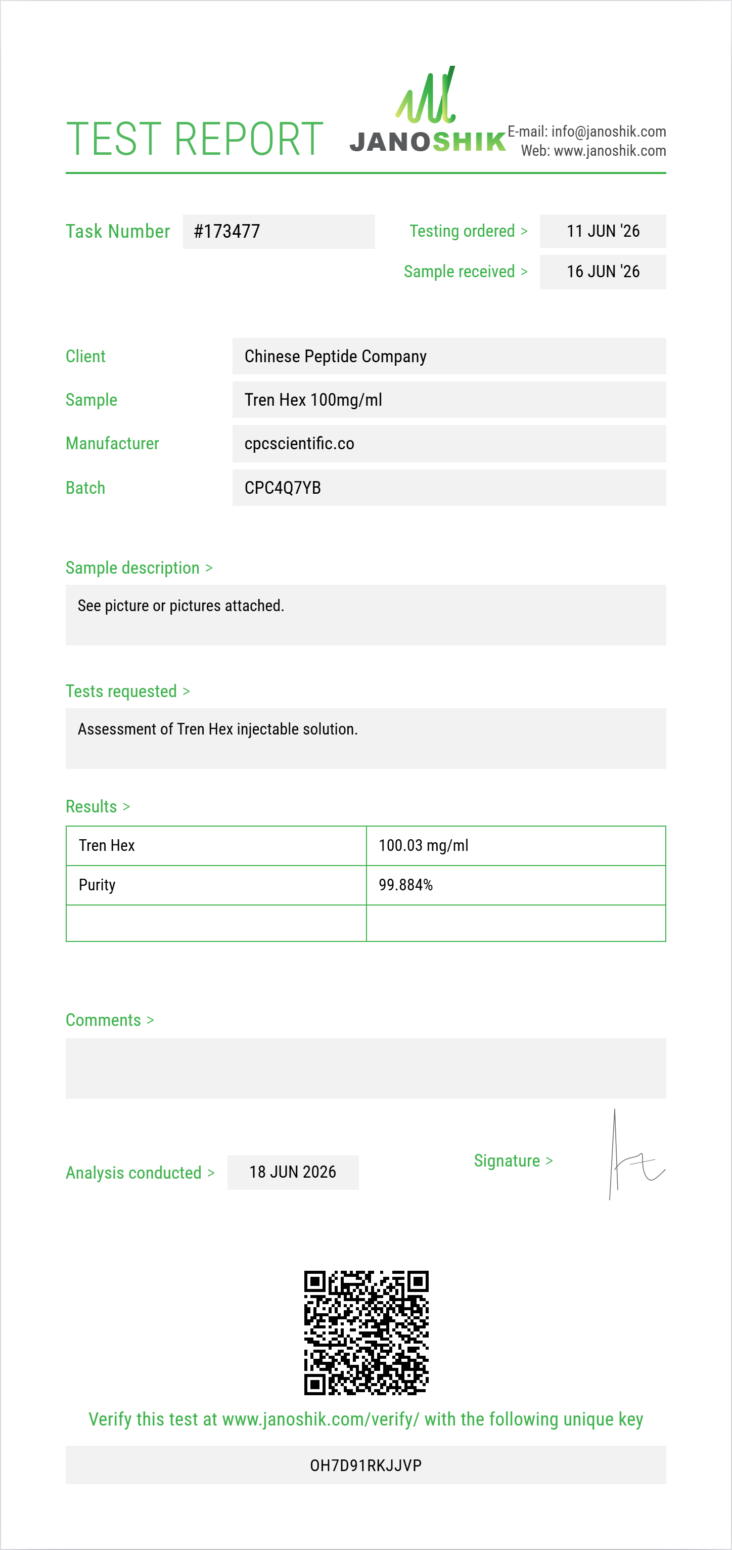 Tren Hex Purity (HPLC) report by Janoshik Analytical
