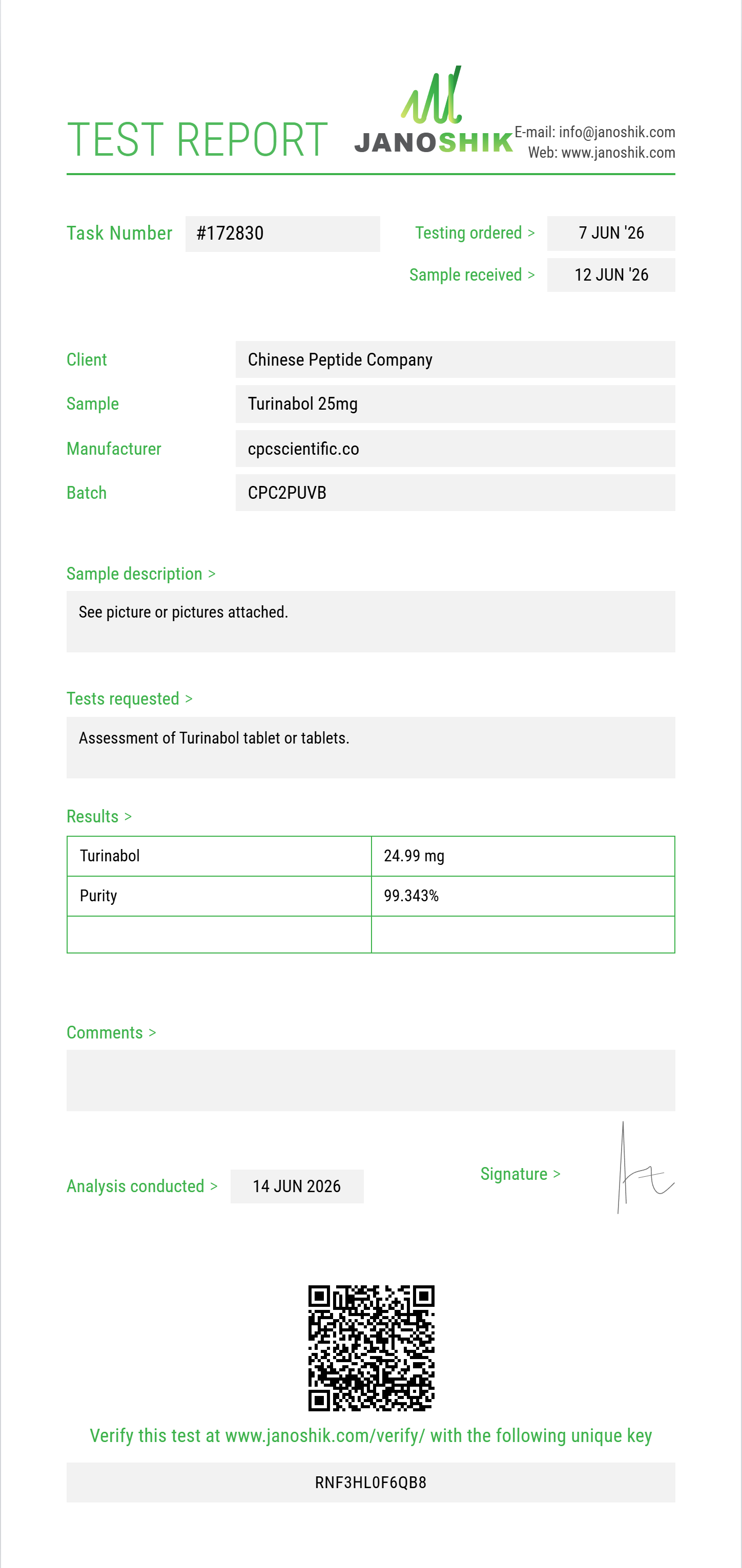 Turinabol Purity (HPLC) report by Janoshik Analytical