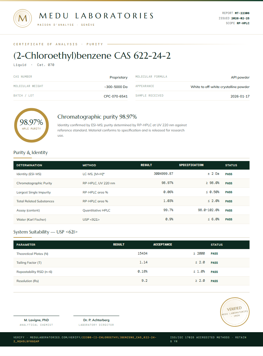(2-Chloroethyl)benzene CAS 622-24-2 Purity Test Report by Medu Laboratories