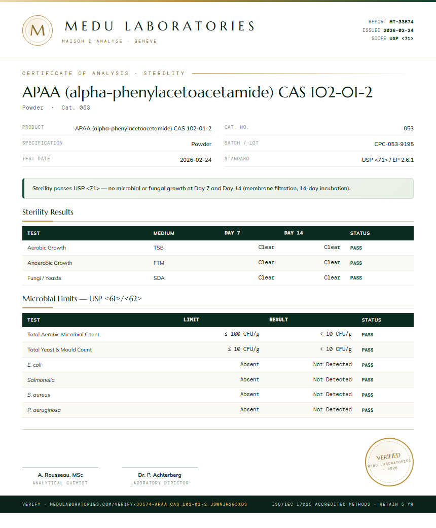 APAA (alpha-phenylacetoacetamide) CAS 102-01-2 Sterility report by Medu Laboratories
