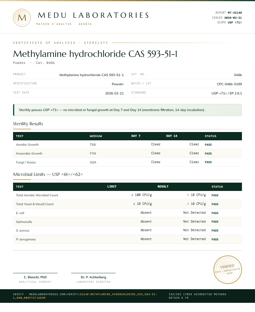 Methylamine hydrochloride CAS 593-51-1 Sterility report by Medu Laboratories