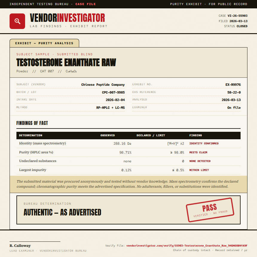 Testosterone Enanthate Raw Purity (HPLC) report by VendorInvestigator