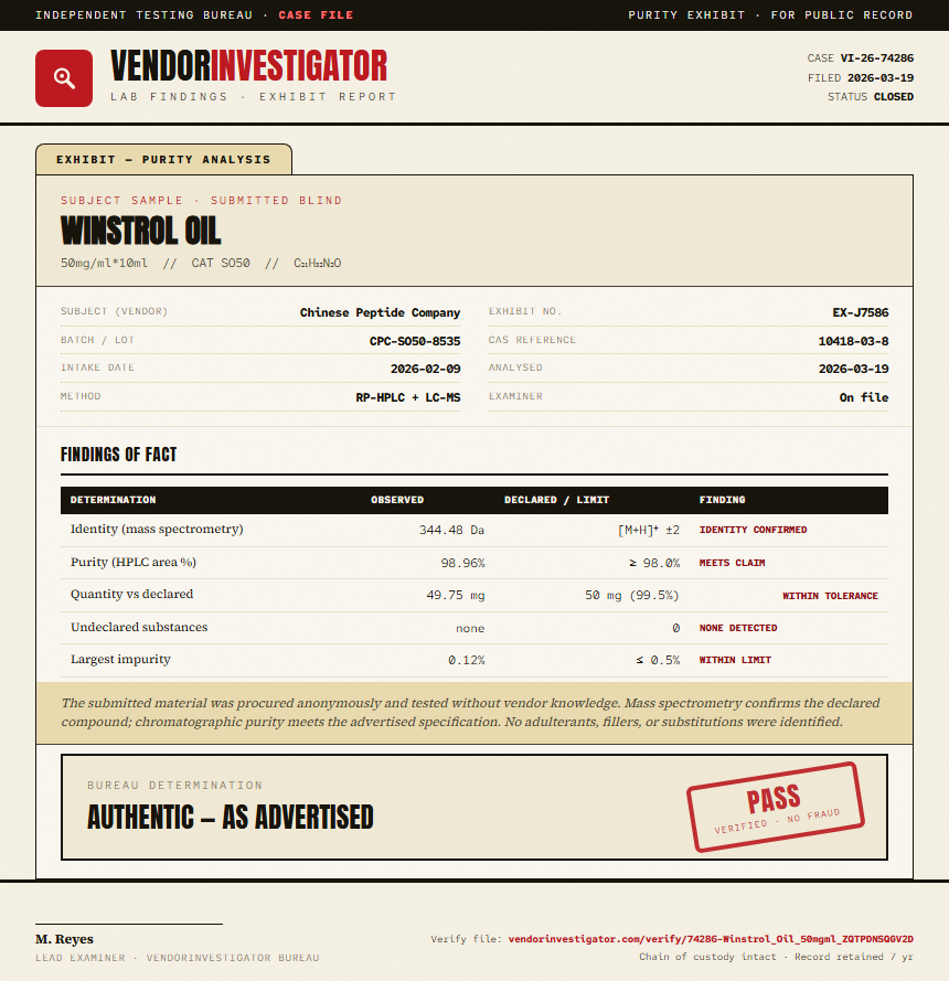 Winstrol Oil Purity (HPLC) report by VendorInvestigator